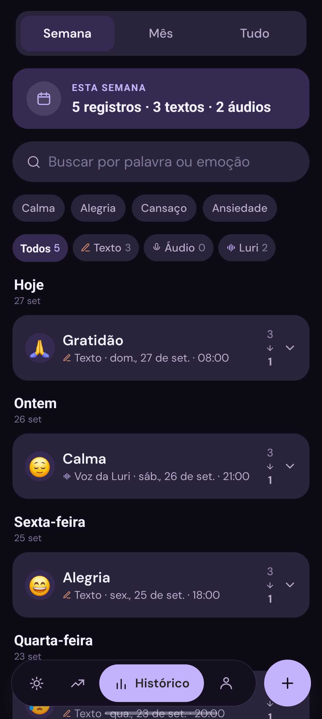 Tela do app Lurea: Histórico